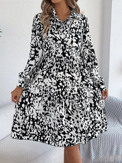 Collared Neck Long Sleeve Print Dress