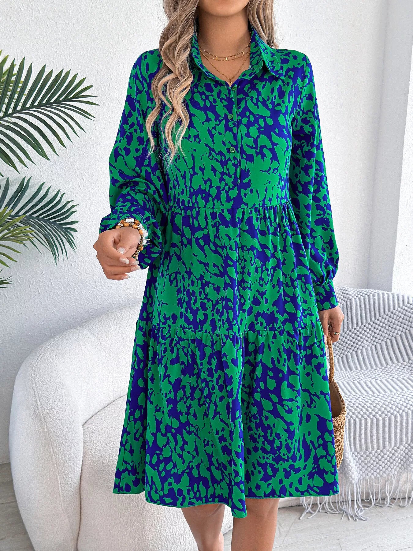 Collared Neck Long Sleeve Print Dress