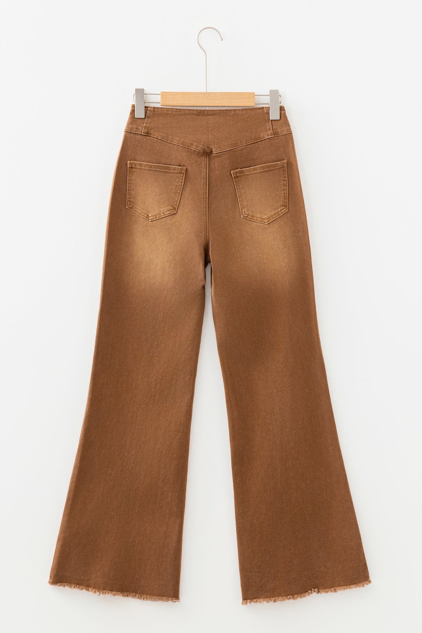 High Waist Button Fly Seamed Raw Hem Flare Jeans Coffee