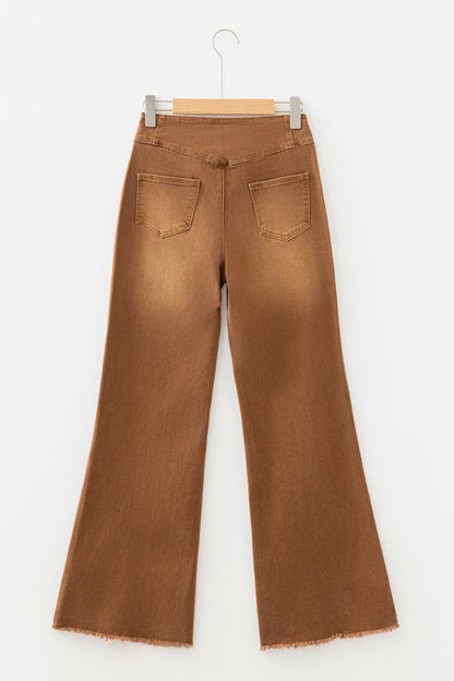 High Waist Button Fly Seamed Raw Hem Flare Jeans Coffee