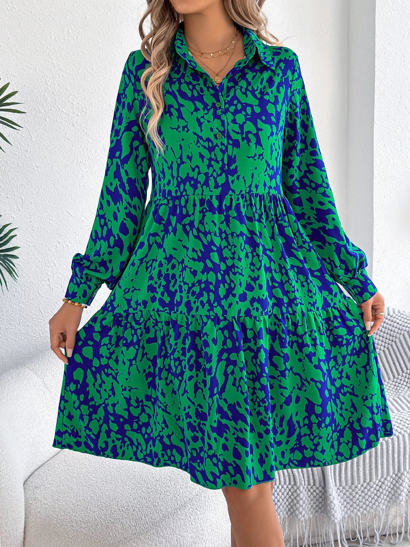 Collared Neck Long Sleeve Print Dress