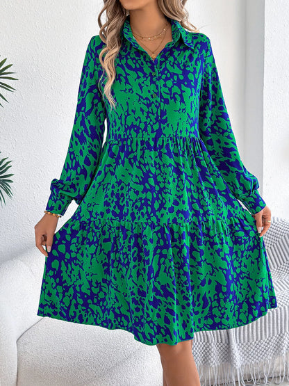 Collared Neck Long Sleeve Print Dress