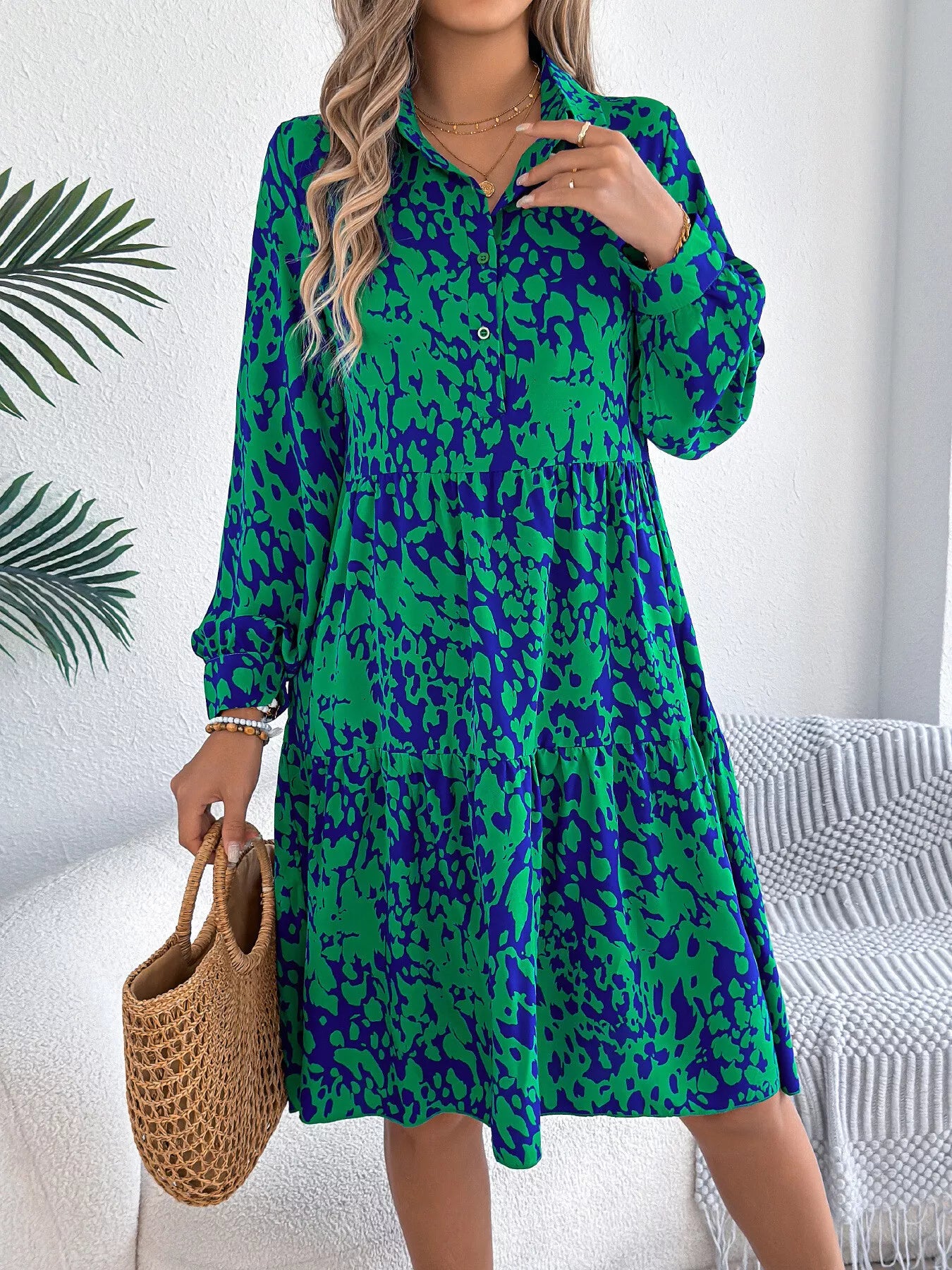 Collared Neck Long Sleeve Print Dress