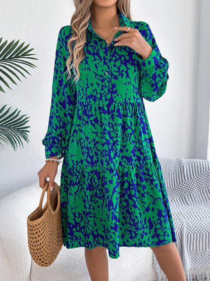 Collared Neck Long Sleeve Print Dress