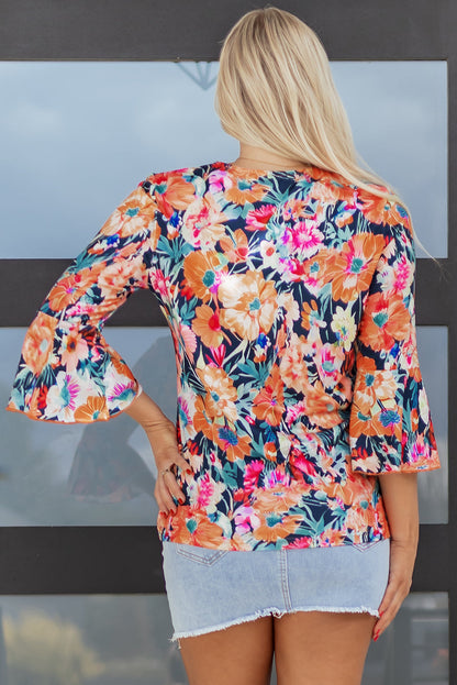Floral 3/4 Flare Sleeve Blouse