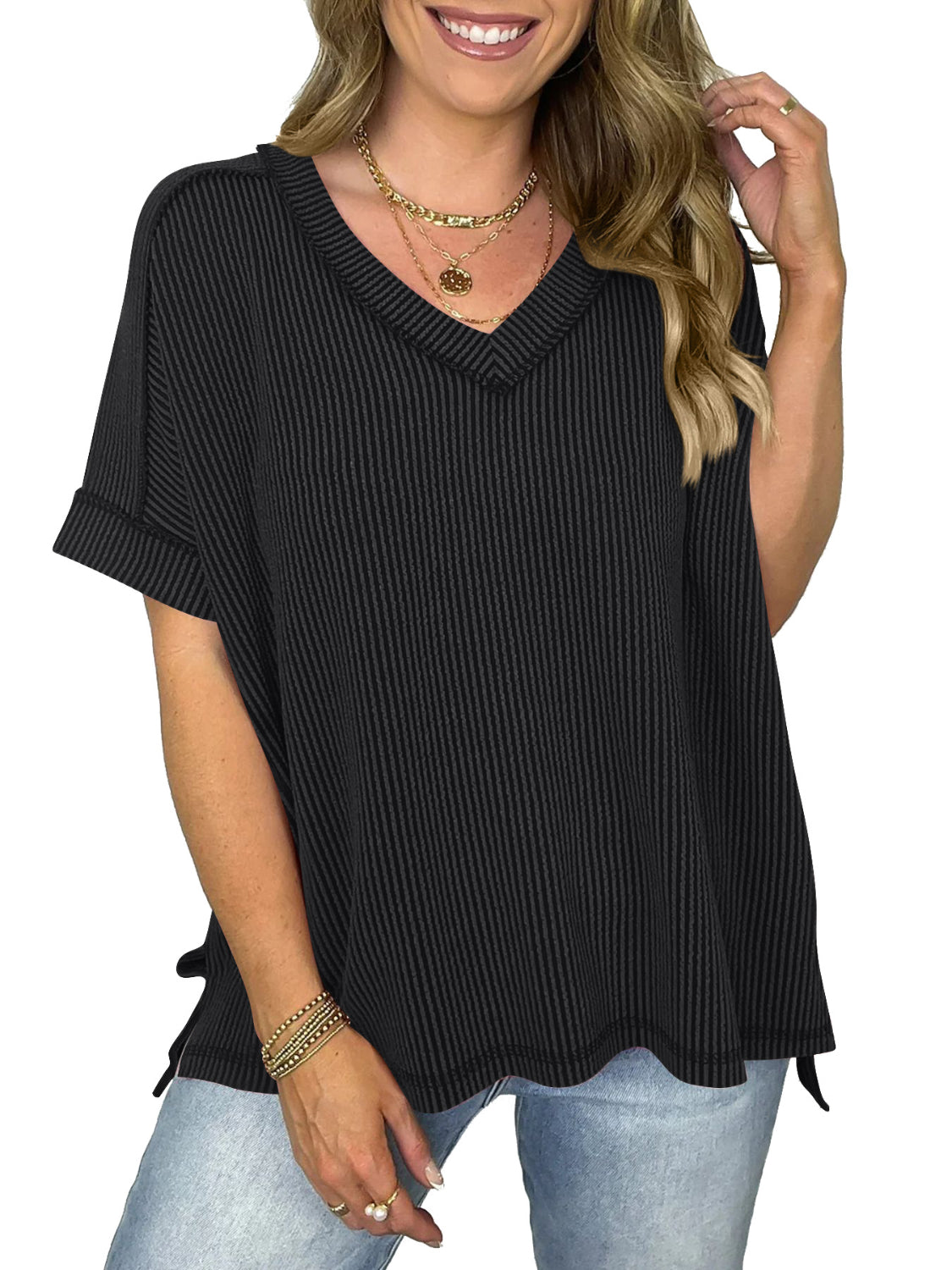 Cord Ribbed V-Neck Top