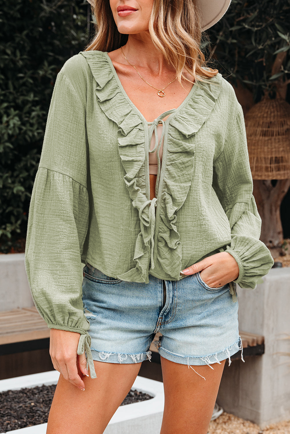 Meadow Mist Green Bow Tie Front V-Neck Gauze Blouse