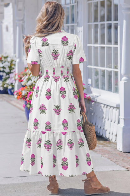 Split Neckline Short Sleeve Maxi Dress White