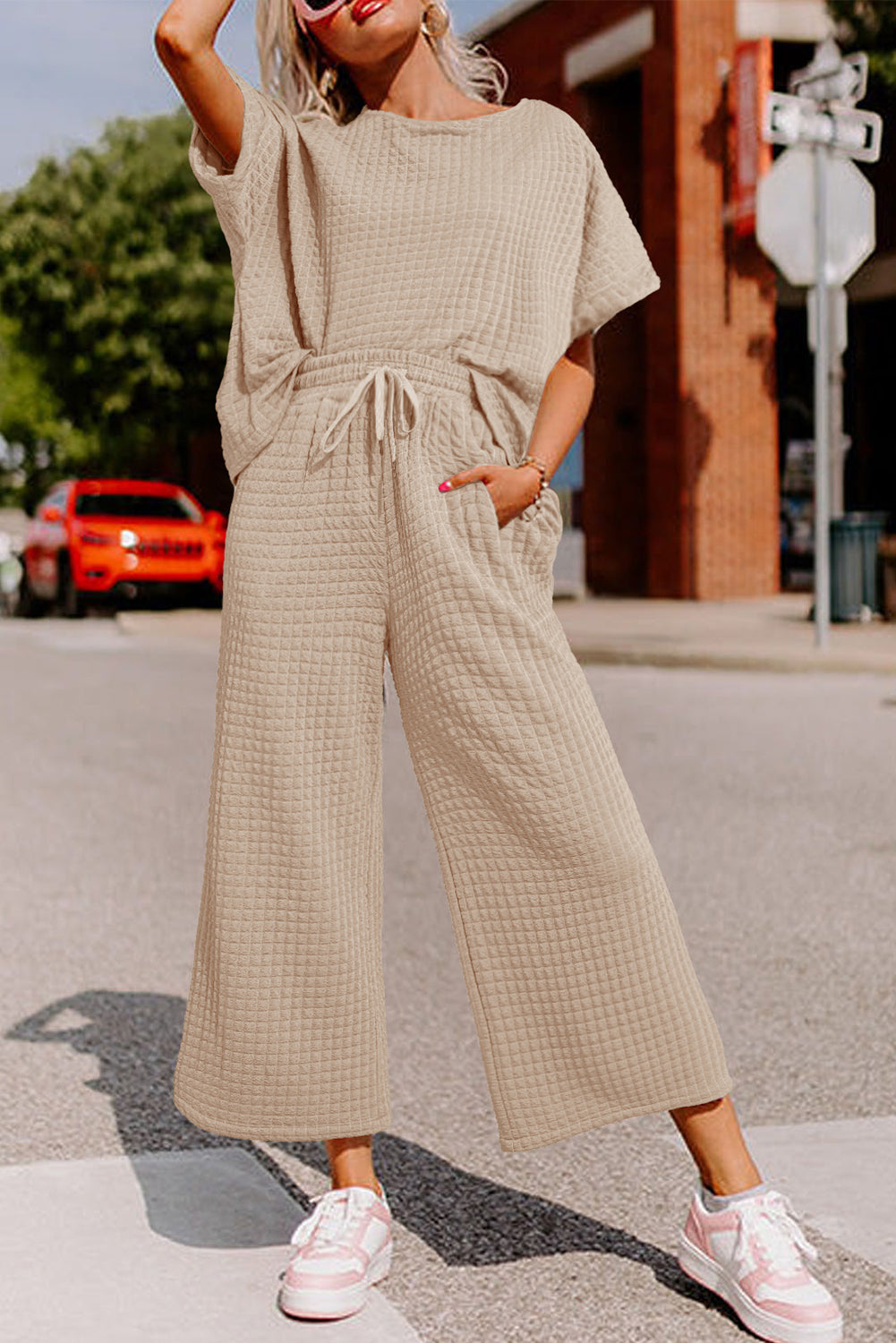 Lattice Texture Sporty Dolman Top & Pants Set
