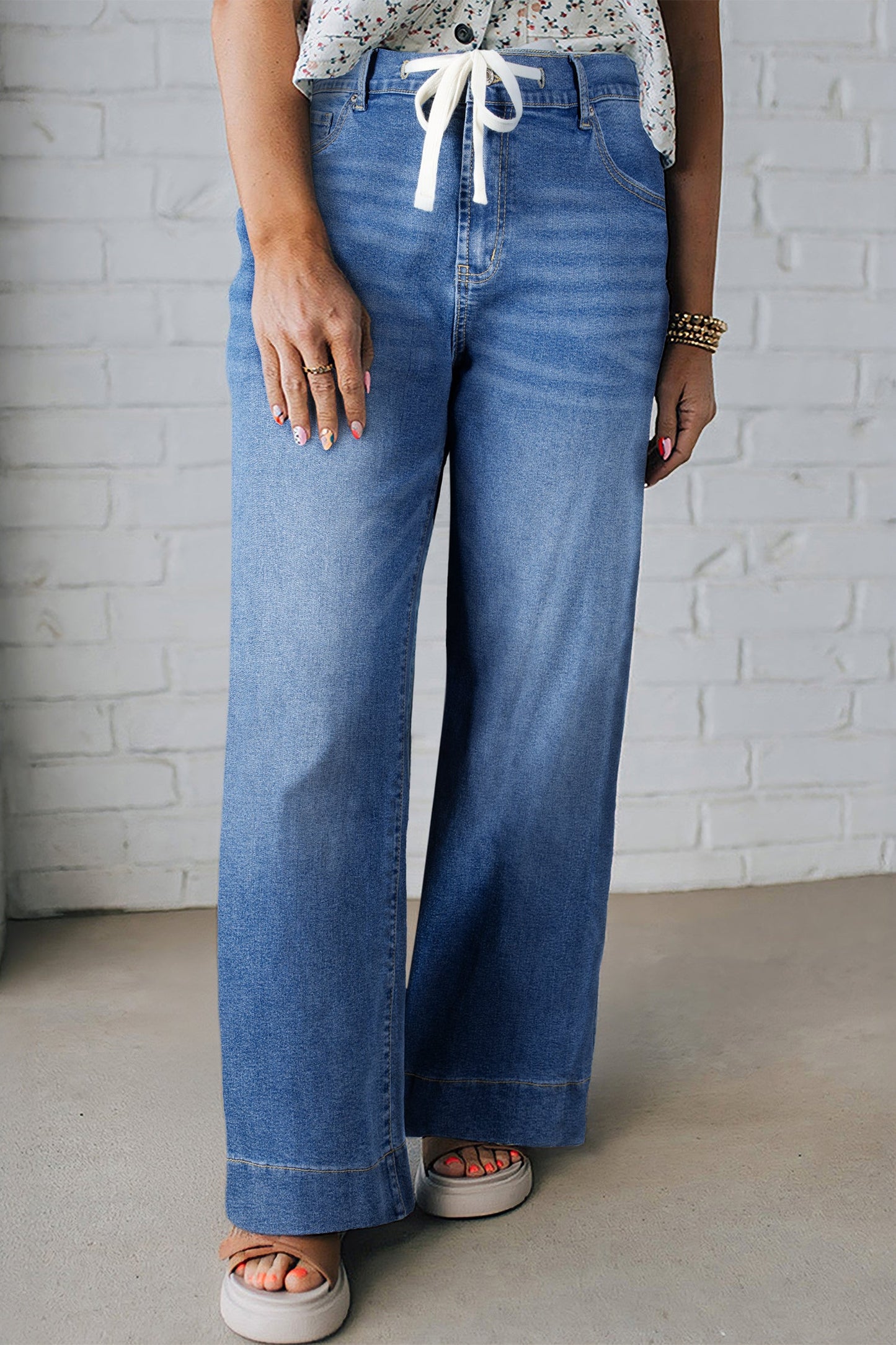 High Rise Lace Tie Whiskered Jeans