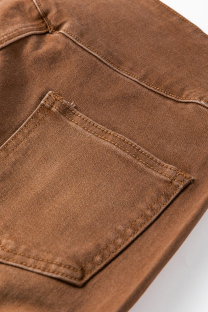 High Waist Button Fly Seamed Raw Hem Flare Jeans Coffee