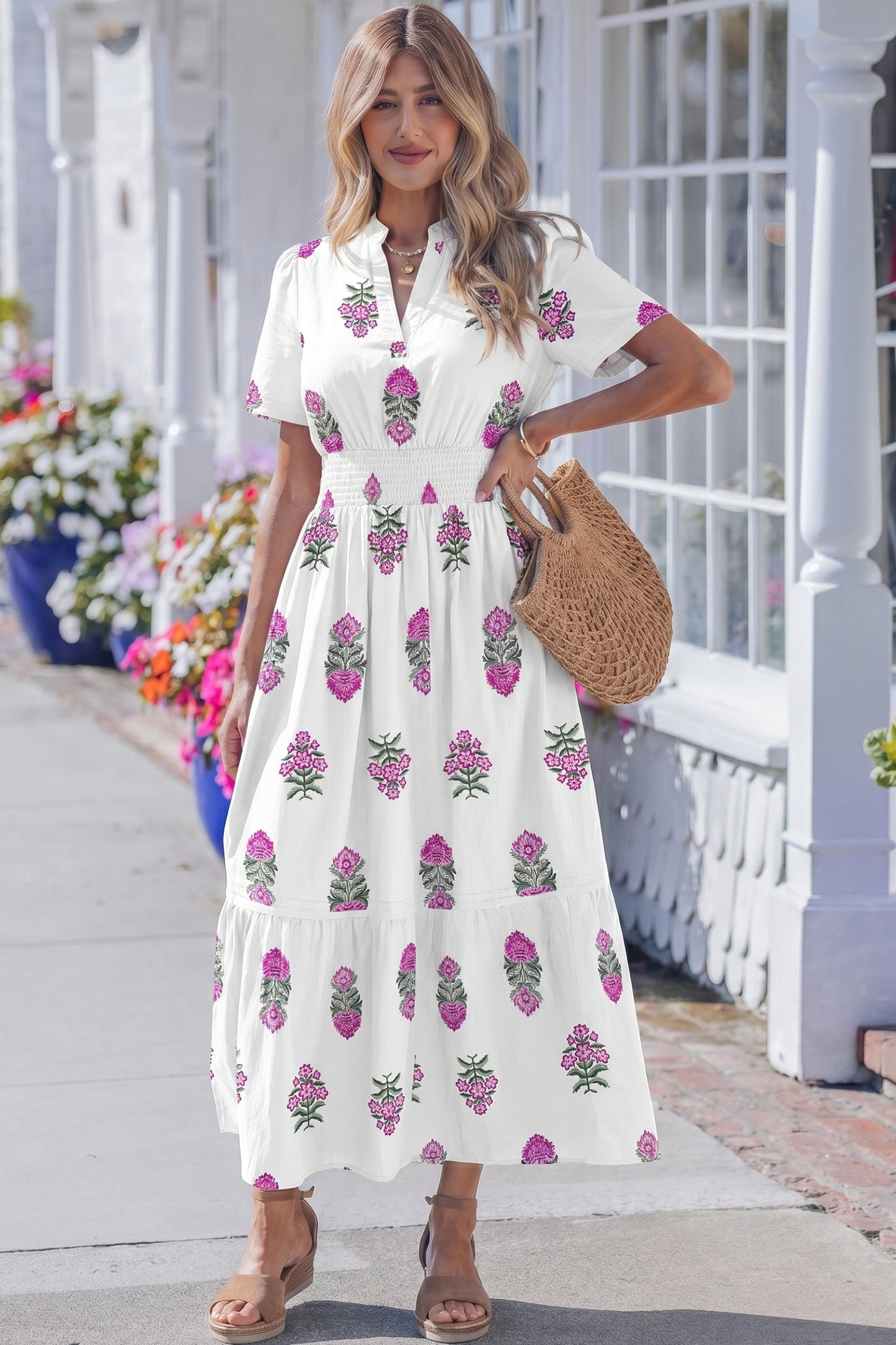 Split Neckline Short Sleeve Maxi Dress White