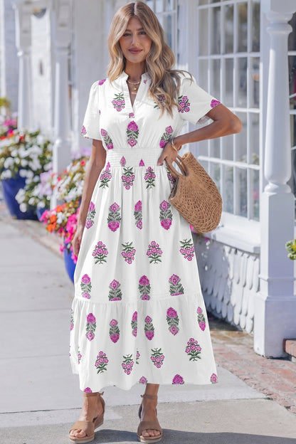 Split Neckline Short Sleeve Maxi Dress White