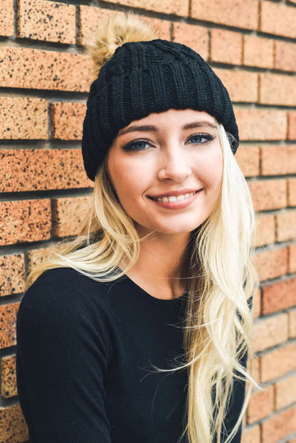 Cable Knit Fur Pom Beanie