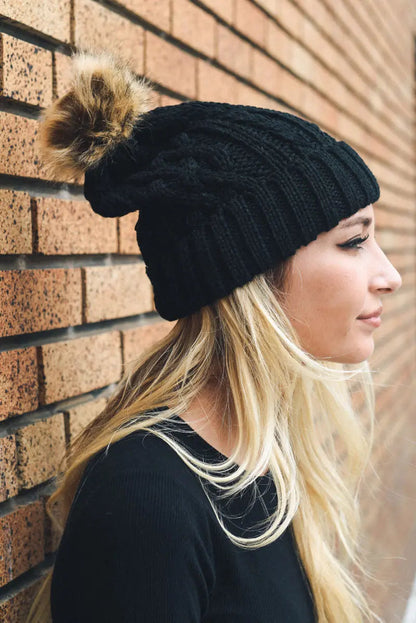 Cable Knit Fur Pom Beanie