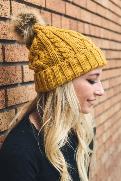 Cable Knit Fur Pom Beanie