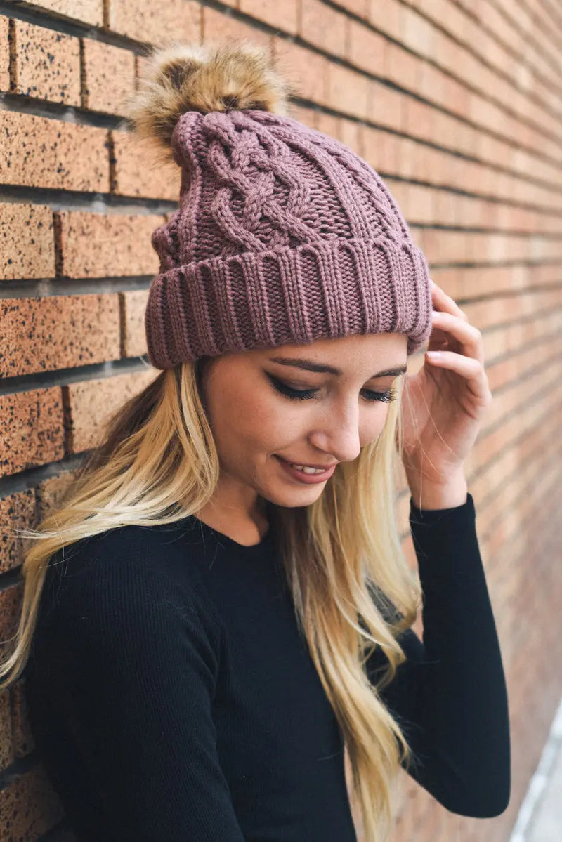 Cable Knit Fur Pom Beanie