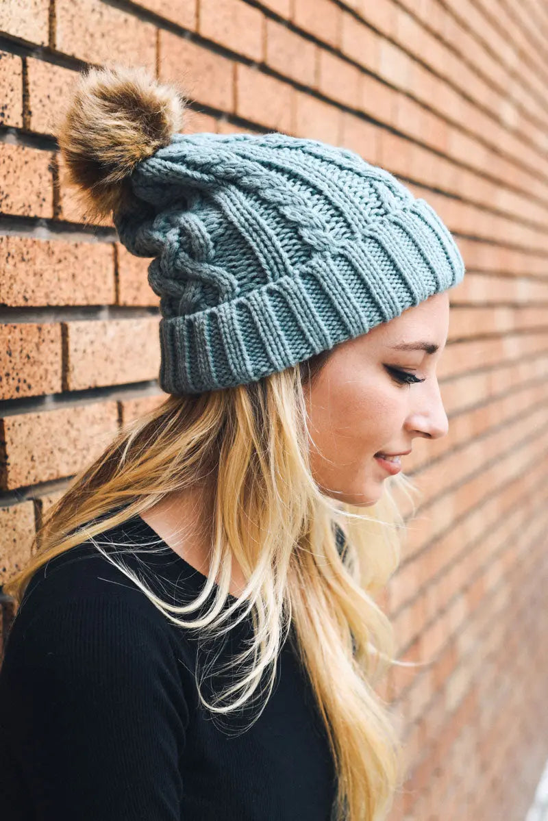 Cable Knit Fur Pom Beanie