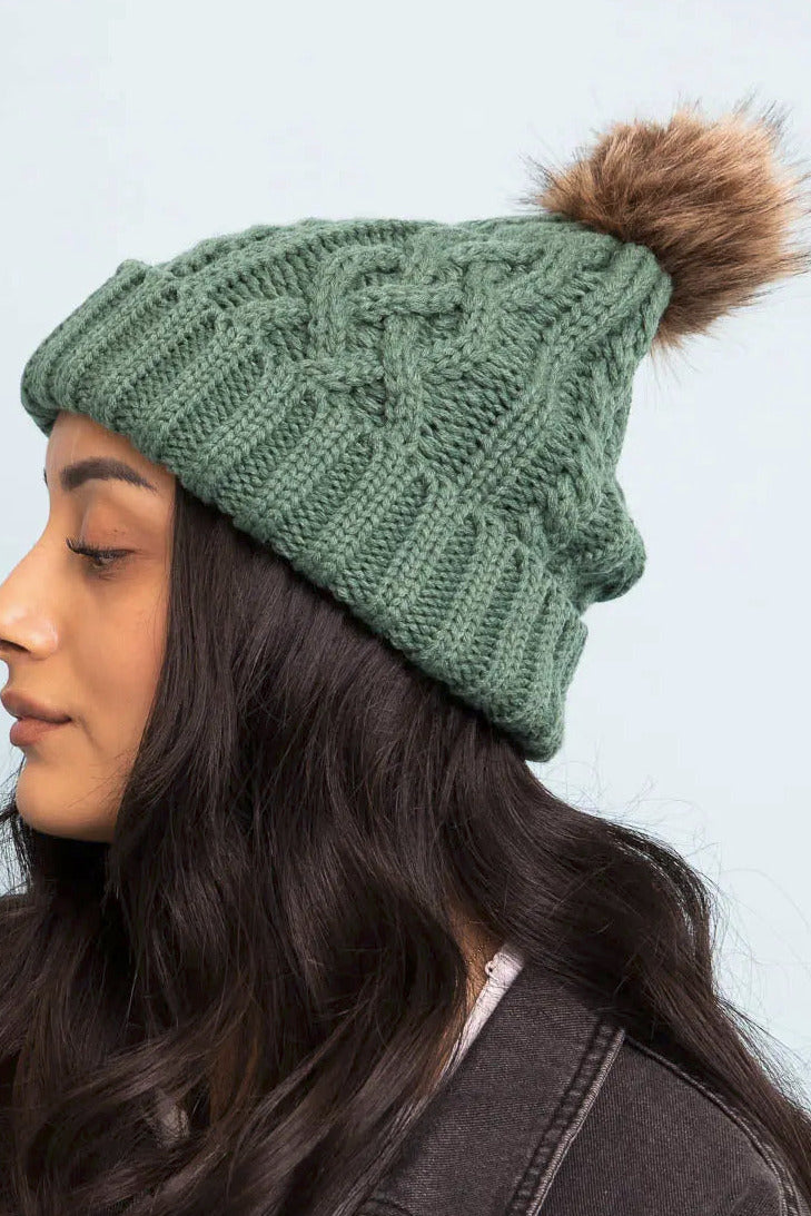 Cable Knit Fur Pom Beanie