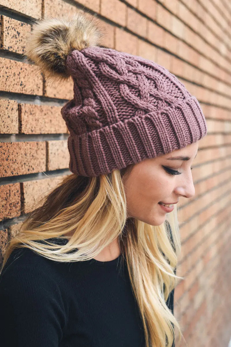 Cable Knit Fur Pom Beanie