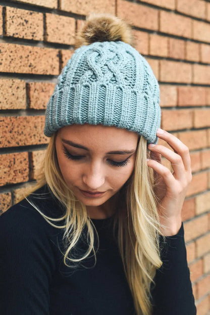 Cable Knit Fur Pom Beanie