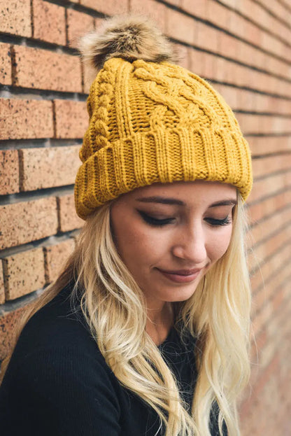 Cable Knit Fur Pom Beanie