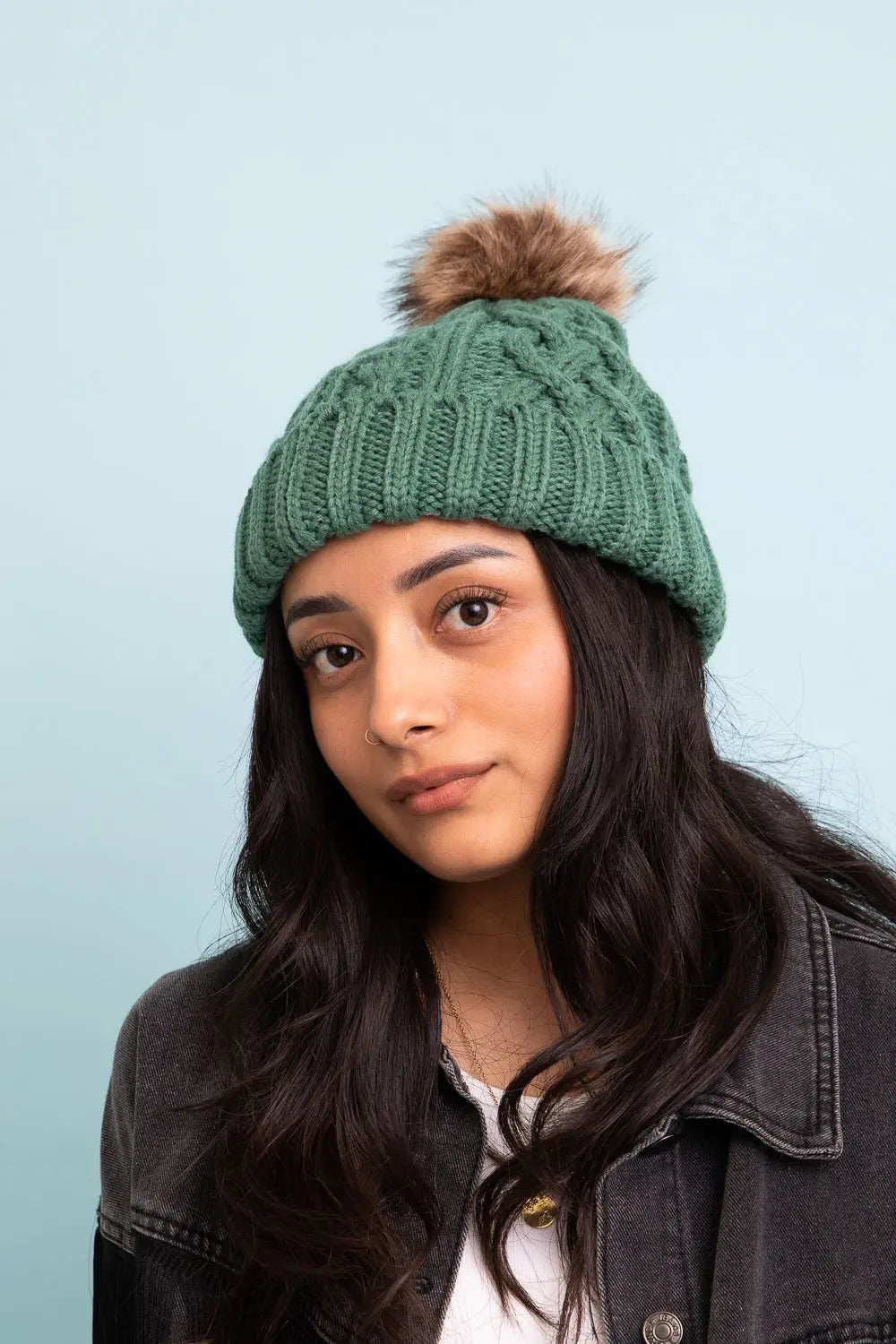 Cable Knit Fur Pom Beanie