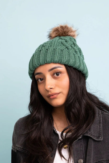 Cable Knit Fur Pom Beanie