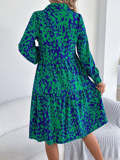 Collared Neck Long Sleeve Print Dress