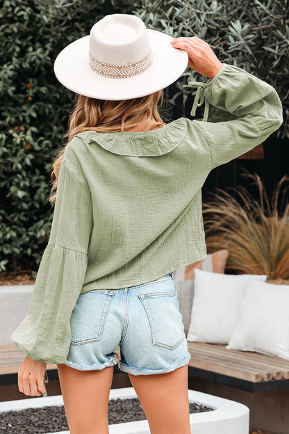 Meadow Mist Green Bow Tie Front V-Neck Gauze Blouse