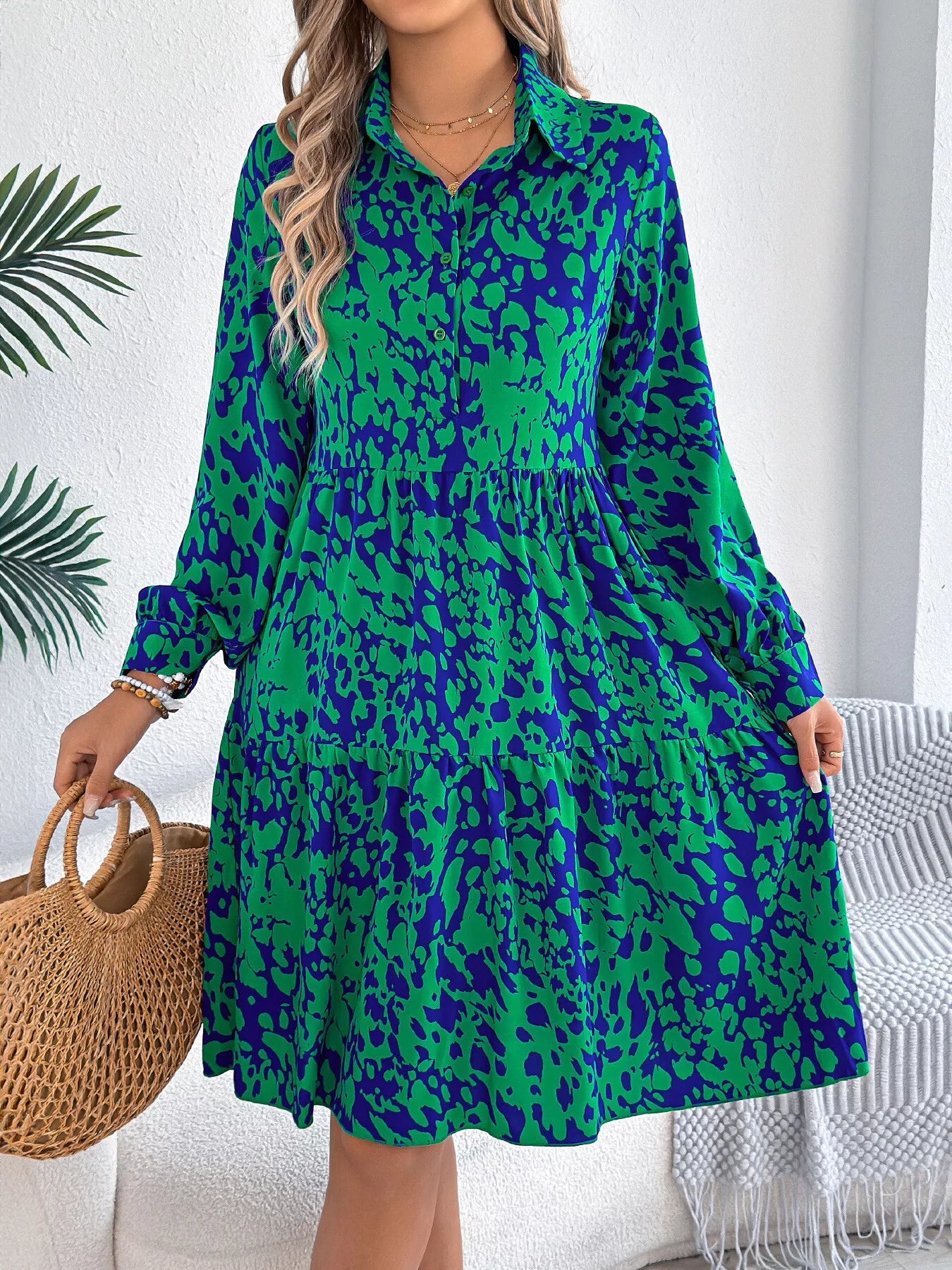 Collared Neck Long Sleeve Print Dress