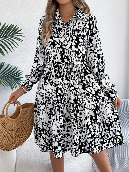 Collared Neck Long Sleeve Print Dress