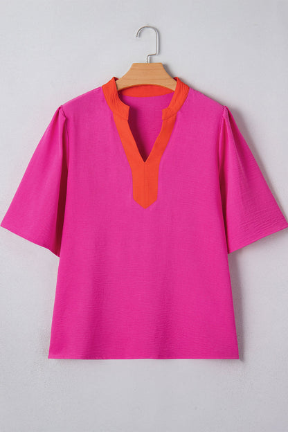 Color Block Wide Short Sleeve Blouse