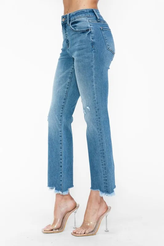Raw Hem Distressed Mid Rise Jeans