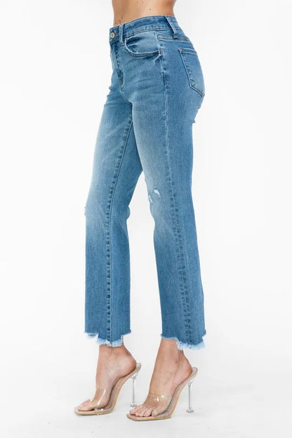 Raw Hem Distressed Mid Rise Jeans