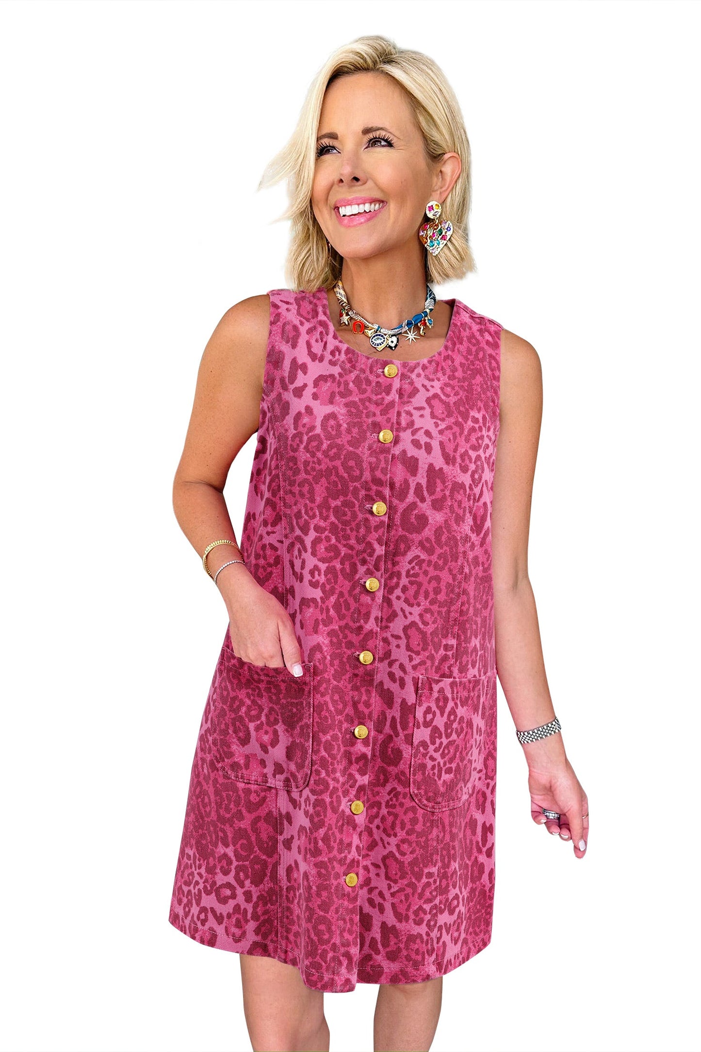 Pattern Pink Sleeveless Casual Denim Dress