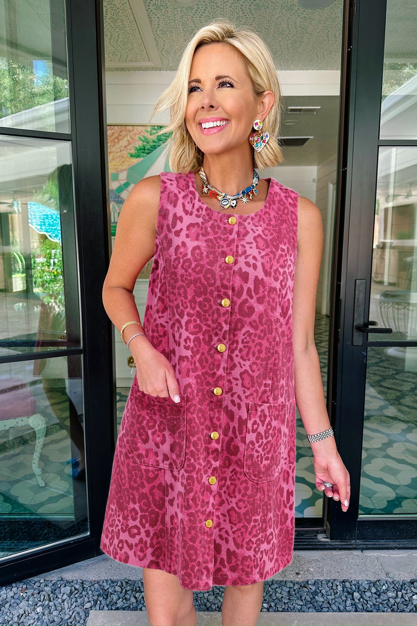 Pattern Pink Sleeveless Casual Denim Dress