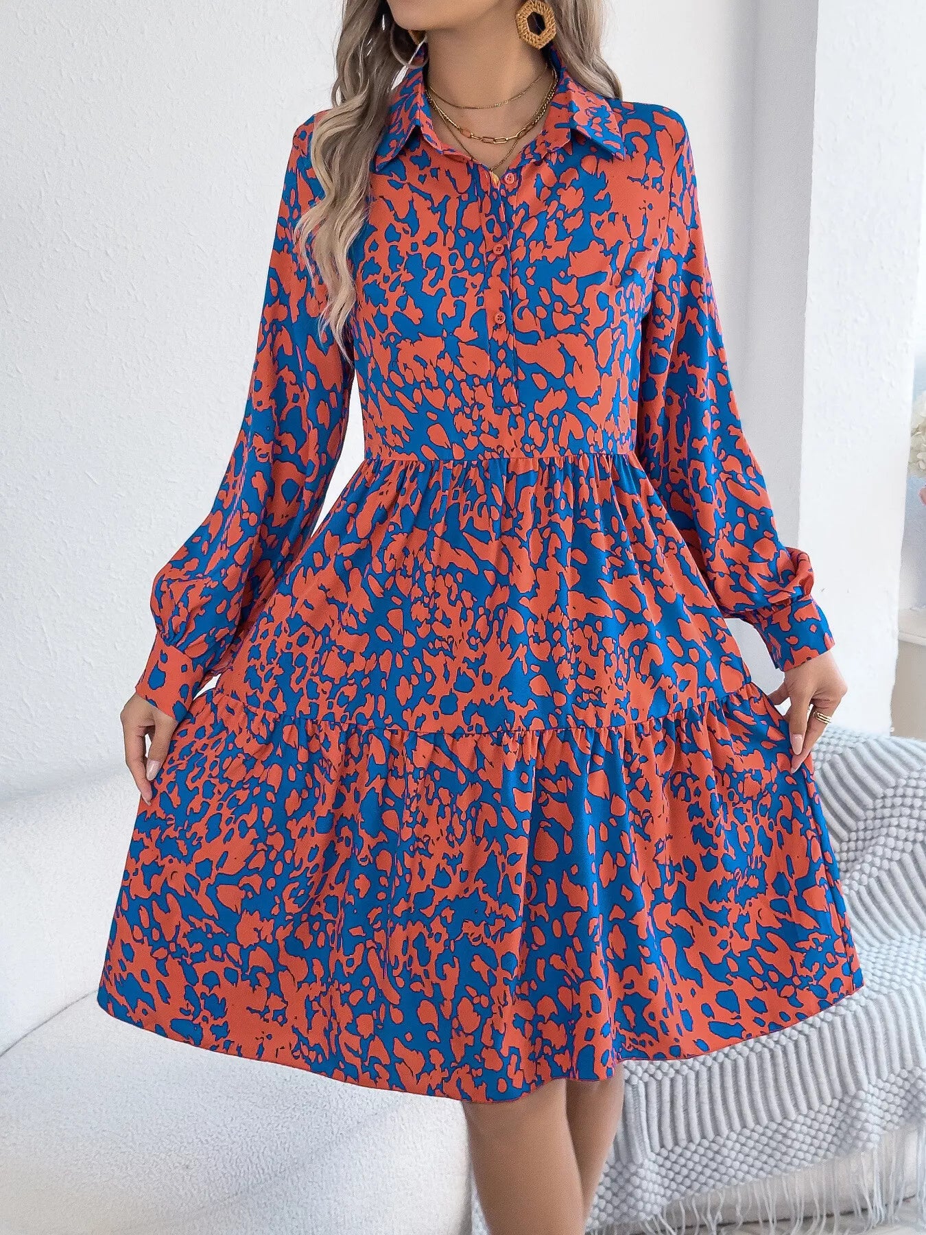Collared Neck Long Sleeve Print Dress