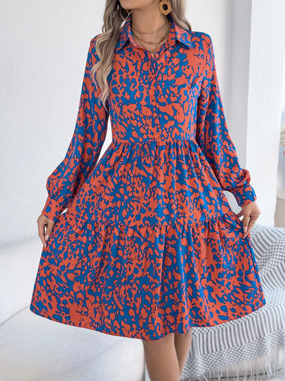 Collared Neck Long Sleeve Print Dress