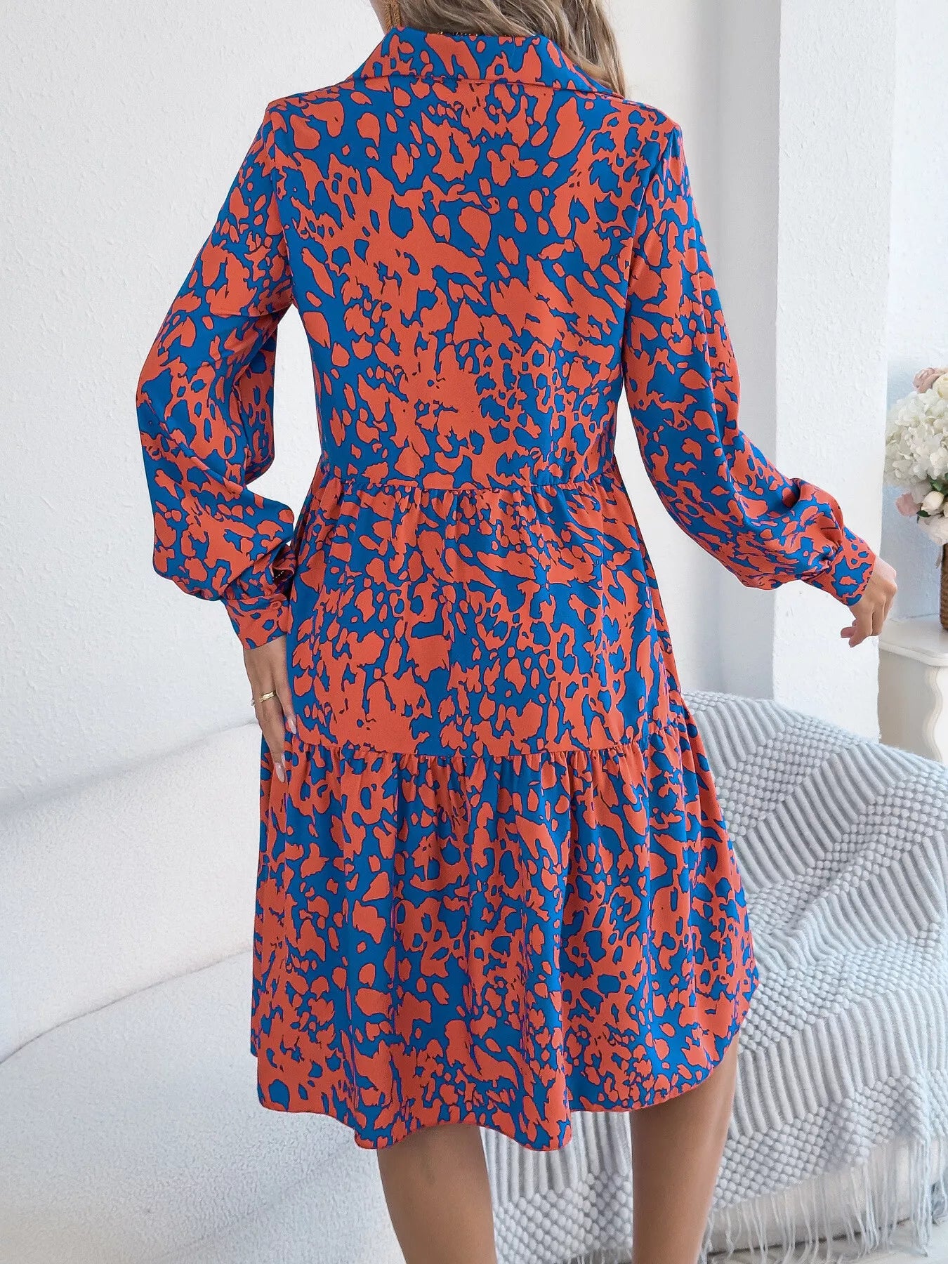 Collared Neck Long Sleeve Print Dress