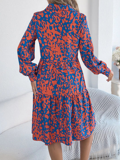 Collared Neck Long Sleeve Print Dress