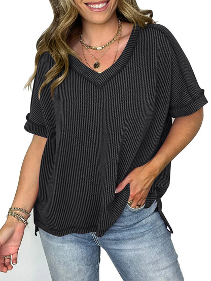 Cord Ribbed V-Neck Top
