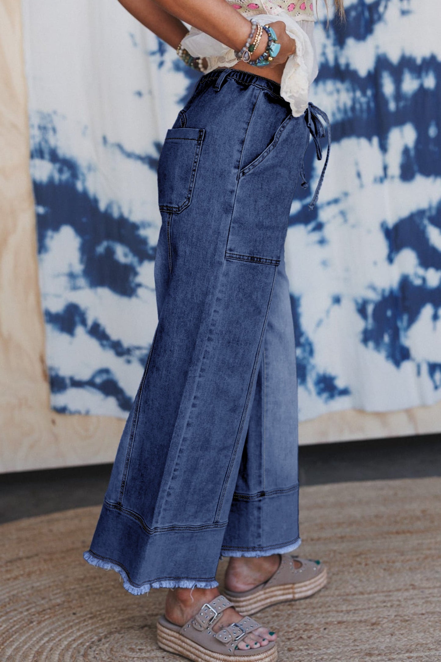 Fray Hem Wide Leg Denim Pants