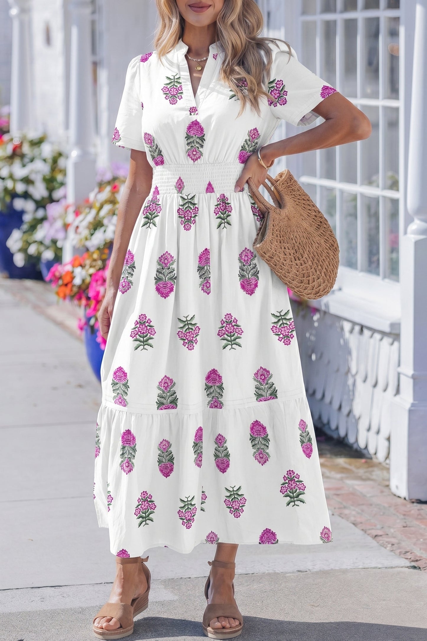 Split Neckline Short Sleeve Maxi Dress White