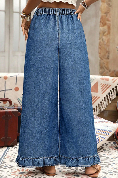 Plus Contemporary Ruffled Wide Leg Denim Pants
