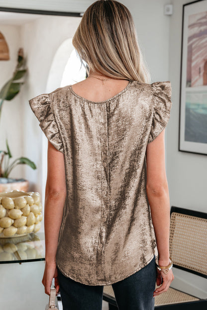 Metallic Round Neck Ruffle Trim Sleeveless Top