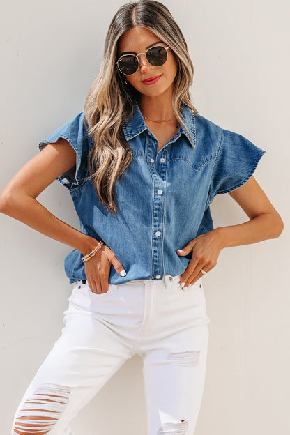 Ruffled Short Sleeve Denim Shirt