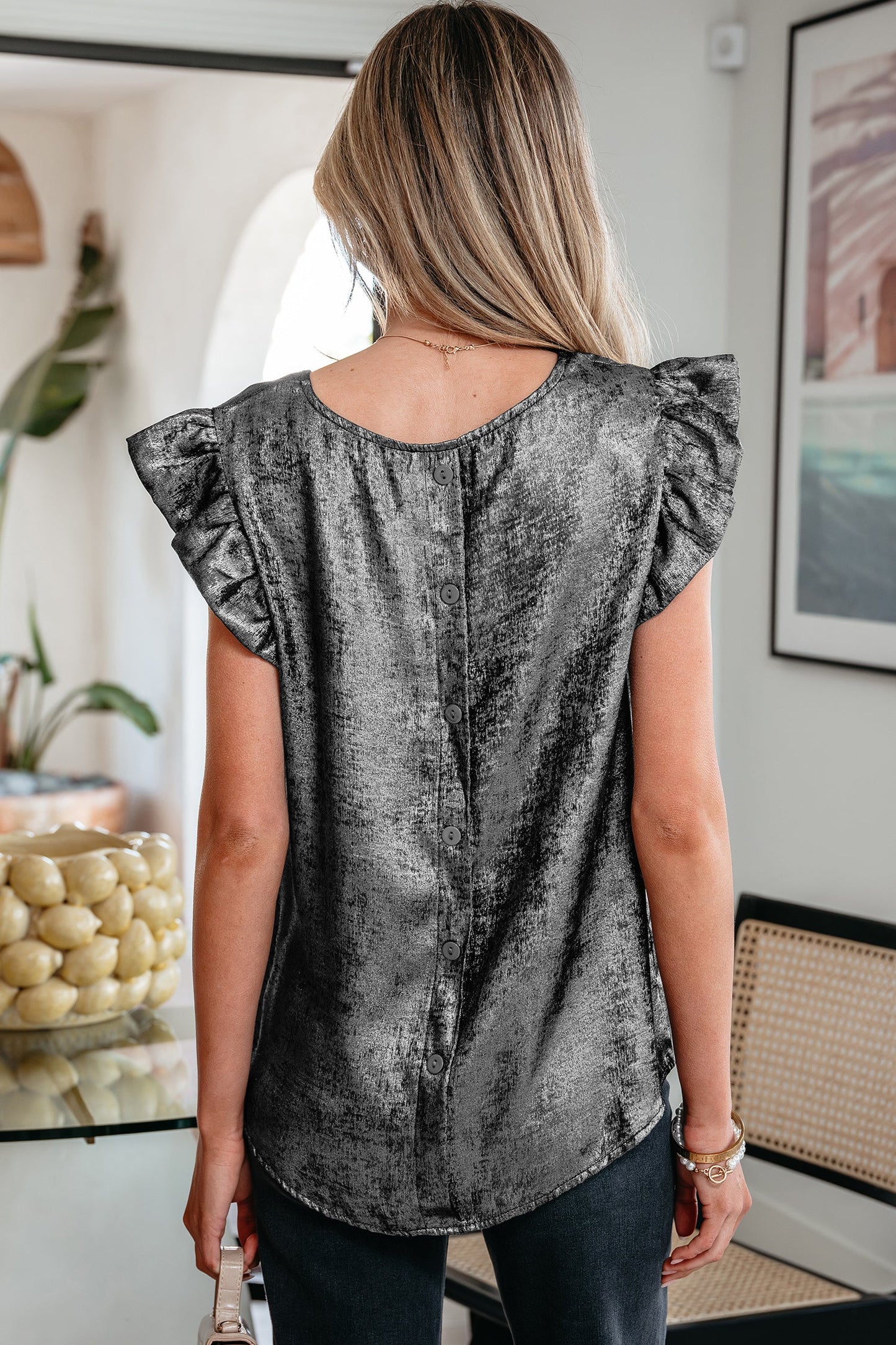 Metallic Round Neck Ruffle Trim Sleeveless Top