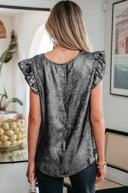 Metallic Round Neck Ruffle Trim Sleeveless Top