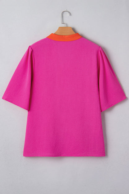 Color Block Wide Short Sleeve Blouse